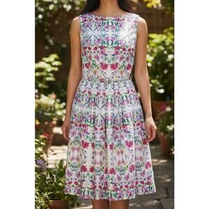 Talbots Vibrant Floral Sleeveless Dress 6 Petite Fit and Flare Belted Garden
